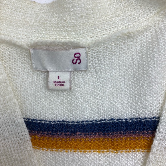 SO- Sweater- White with yellow, purple and blue stripes . Large. Open front . - Picture 7 of 7
